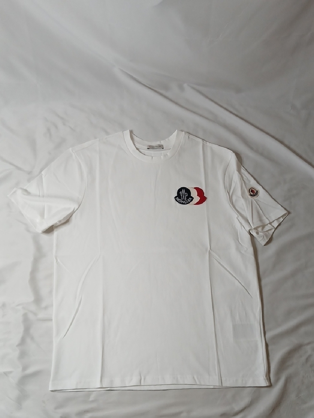 Moncler White Crewneck T-Shirt with Tricolor Logo Patch